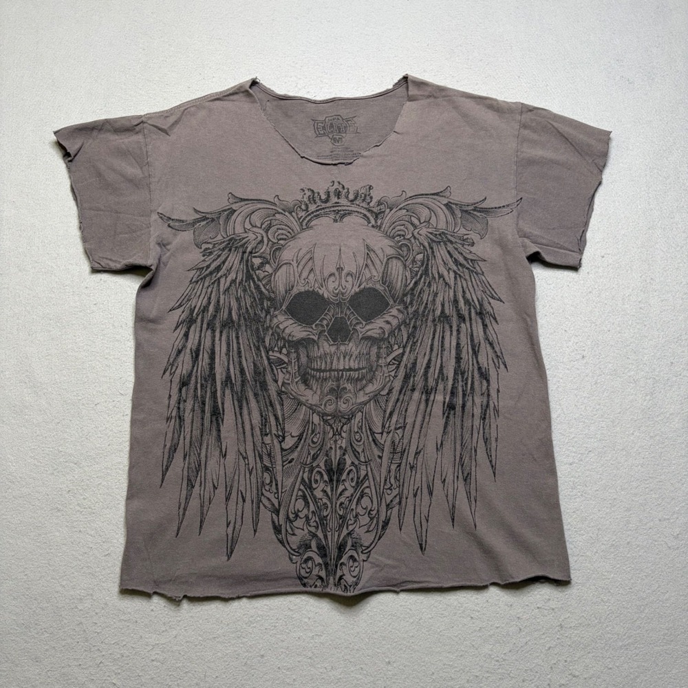 MMA Elite T-Shirt Women Medium Grey Skull Winged Distressed‎ Y2K Grunge Tee